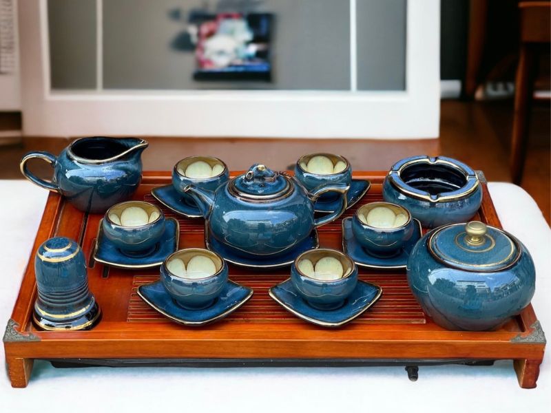 Bo Am Chen Xanh Hoa Tiet Ve Vang Bộ Ấm Chén Xanh Họa Tiết Vẽ Vàng